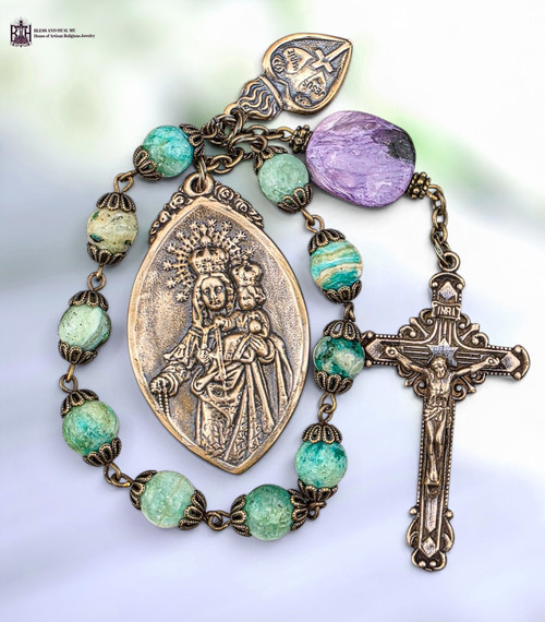 Our Lady Rosary Sacred Heart Immaculate Heart heritage bronze chaplet patterned green jade charoite by Bless And Heal Me
