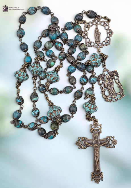 Saint Anne Crowned Mother Mary heritage bronze rosary turquoise carved rustic blue Czech glass by Bless And Heal Me