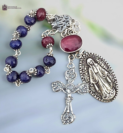 Miraculous Mary sterling silver chaplet genuine red ruby sapphire by Bless And Heal Me
