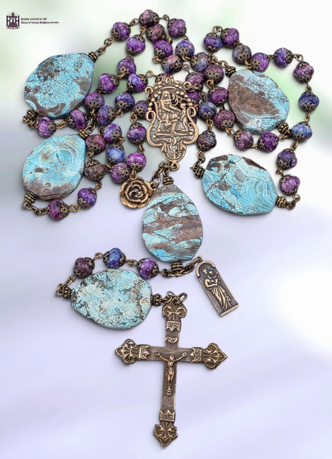 Saint Anne Mother Mary Baby Jesus heritage bronze rosary purple jasper blue petrified coral by Bless And Heal Me