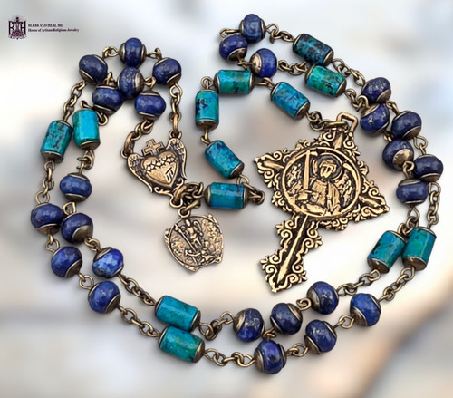 40 beads Archangel Michael Raphael Sacred Heart wings heritage bronze chaplet lapis lazuli chrysocolla by Bless And Heal Me