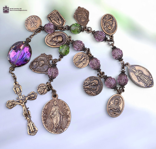 Chaplet Holy Women Miraculous Mary Joan Arc Mother Teresa Rita Clare Magdalene Philomena Dymphna Goretti Gemma Anne Therese heritage bronze purple green Swarovski Czech glass by Bless And Heal Me