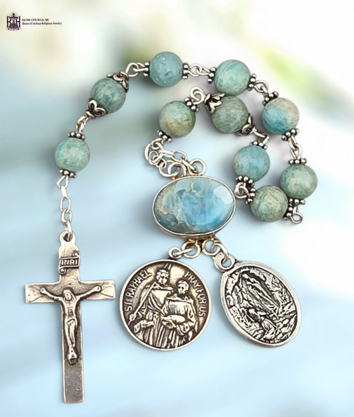 Healing Saints Archangel Raphael Our Lady Lourdes Immaculate Heart Blessed Virgin Mary sterling silver chaplet amazonite larimar by Bless And Heal Me
