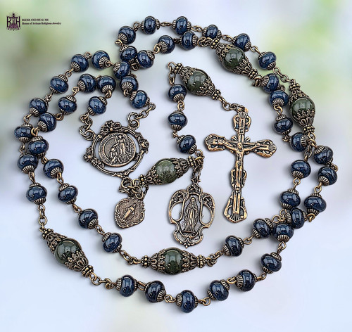 Healing Saints Archangel Raphael Our Lady Lourdes Miraculous Mary heritage bronze rosary blue green jade by Bless And Heal Me