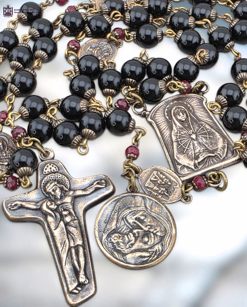 Seven Sorrows Dolores 51 beads Pieta Mary cross heritage bronze chaplet red jade black onyx by Bless And Heal Me