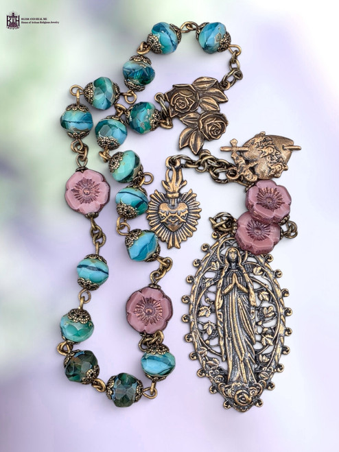 Joy of Mary 19 beads Virgin Mary Miraculous Mary Immaculate Heart Sacred Heart heritage bronze chaplet Czech fire polished glass by Bless And Heal Me