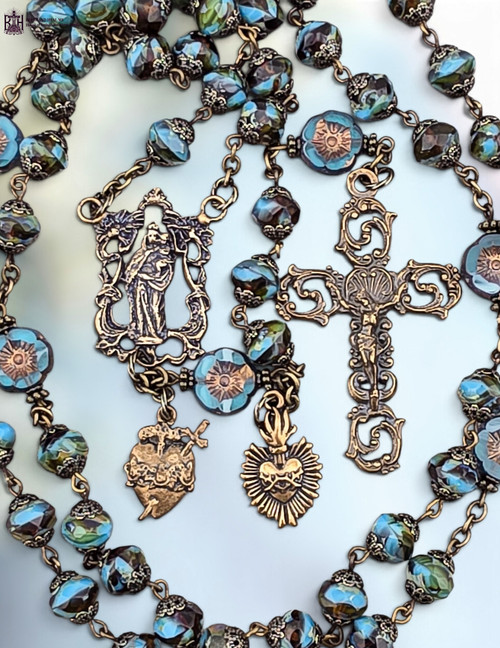Queen Mother Mary Baby Jesus Immaculate Heart Sacred Heart heritage bronze rosary blue fire polished Czech glass flowers by Bless And Heal Me