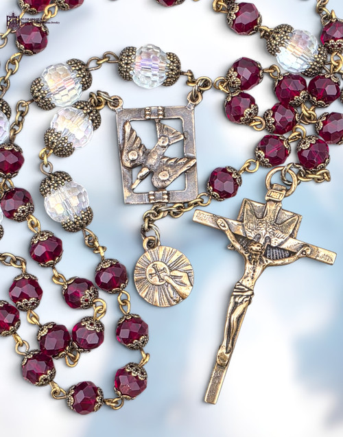 Devotional Holy Spirit Holy Eucharist 50 beads heritage bronze chaplet red clear AB glass by Bless And Heal Me