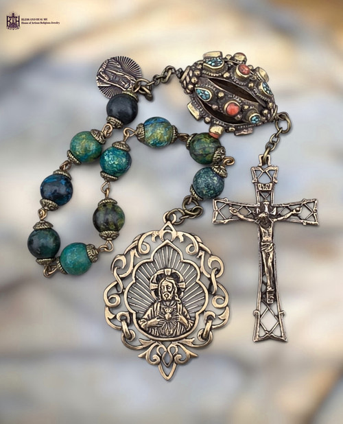 Large Sacred Heart Blessed Virgin Mary heritage bronze chaplet chrysocolla rare XLarge red coral turquoise by Bless And Heal Me