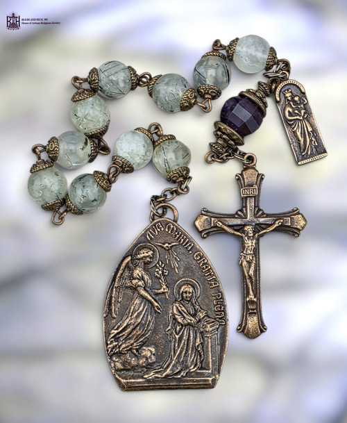 Large Annunciation Archangel Gabriel Crowned Mother Mary heritage bronze chaplet prehnite amethyst by Bless And Heal Me
