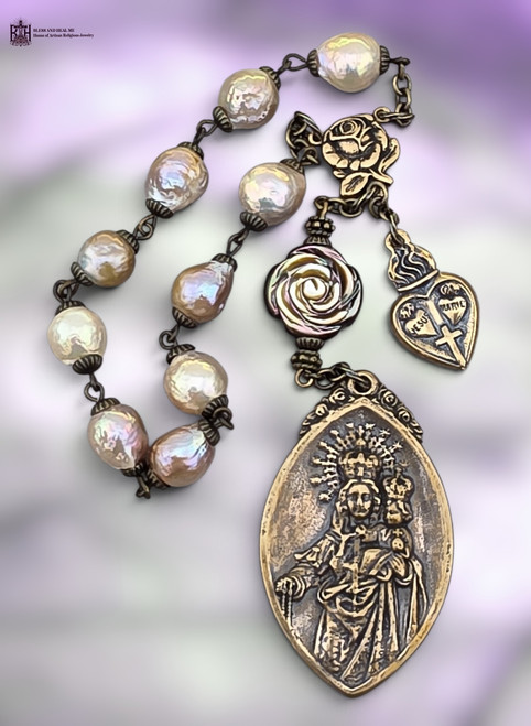 Large Our Lady Rosary Crowned Mary Miraculous Mary Twin Hearts heritage bronze chaplet genuine Keshi pearls carved mother of pearl rose by Bless And Heal Me