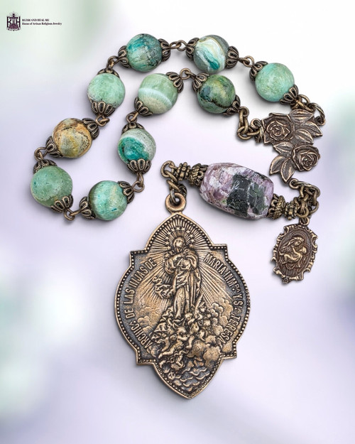 Large Immaculate Mary Queen Heaven Miraculous Mary Mother Mary St Therese heritage bronze chaplet green jade charoite by Bless And Heal Me