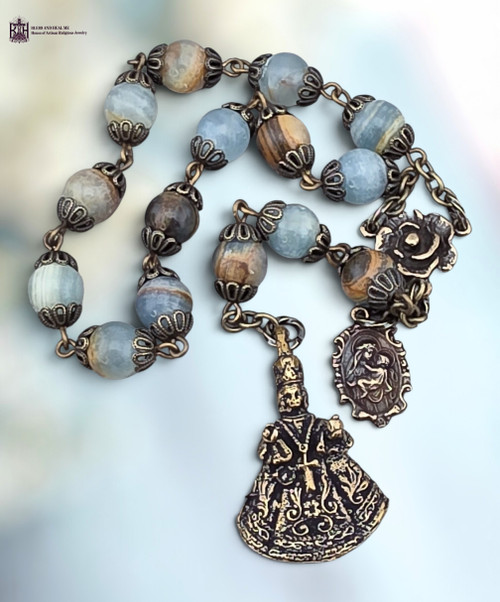 Devotional Infant of Prague 15 beads heritage bronze chaplet blue Lemurian aquatine by Bless And Heal Me