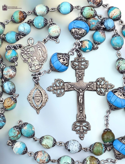 Miraculous Mary Sacred Heart heritage white bronze rosary turquoise howlite by Bless And Heal Me