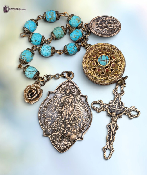 Large Immaculate Mary Queen Heaven Coronation St Therese Sacred Heart heritage bronze chaplet blue turquoise red coral by Bless And Heal Me