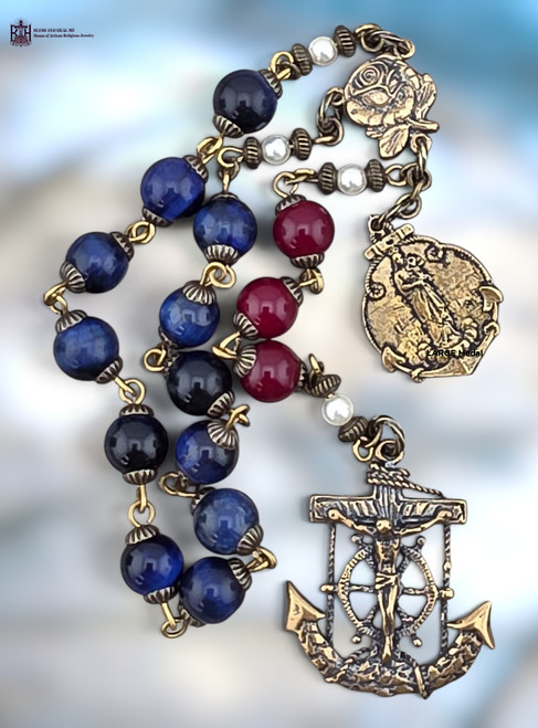 Nautical Stella Maris 15 beads Miraculous Mary anchor crucifix heritage bronze chaplet blue tiger eye red glass pearl shell by Bless And Heal Me