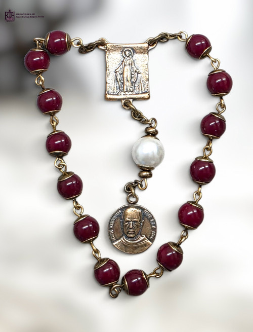15 beads St Maximilian Kolbe Miraculous Mary heritage bronze chaplet red glass white pearl shell by Bless And Heal Me
