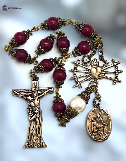 Servite Seven Sorrows Mary Pierced Heart Pieta Mary Cross heritage bronze antique chaplet red glass white pearl shell by Bless And Heal Me