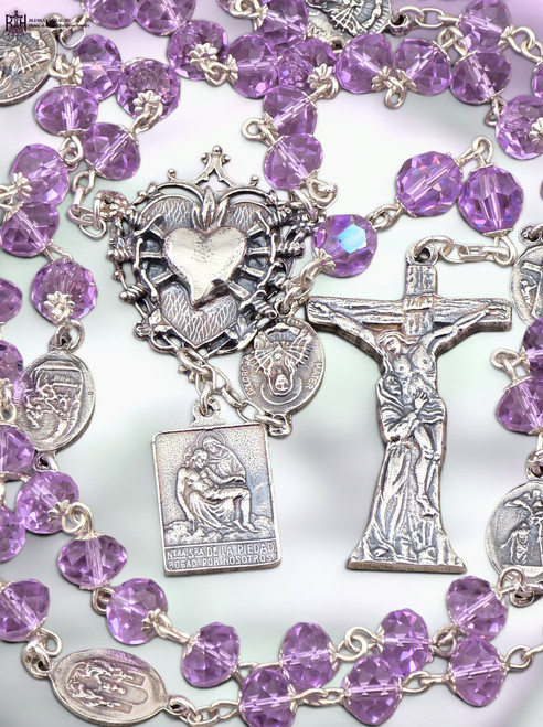 Seven Sorrows Pieta Mary Cross God Good Hope sterling silver chaplet genuine violet Swarovski crystal by Bless And Heal Me