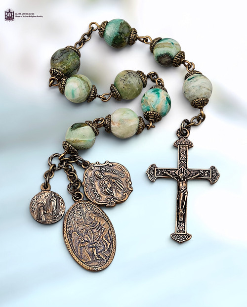 St Peregrine Our Lady Lourdes St Jude heritage bronze niner chaplet green jade by Bless And Heal Me