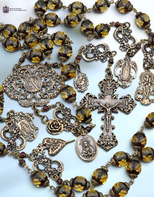 Marian apparitions Blessed Virgin Pillar Miraculous Lourdes Mother Mary Immaculate Heart Sacred Heart Coronation heritage bronze baroque rosary Baltic amber garnet by Bless And Heal Me