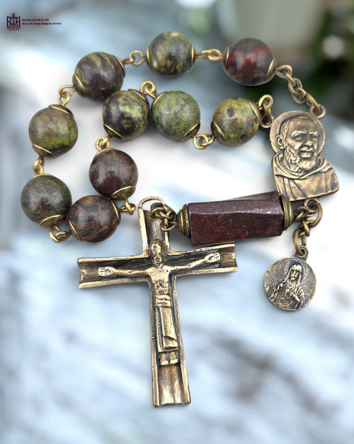 Padre Pio Sacred Heart Immaculate Heart heritage bronze chaplet bloodstone red jasper by Bless And Heal Me