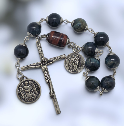 Archangel Michael Raphael Guardian Angel heritage white bronze chaplet red blue tiger eye by Bless And Heal Me
