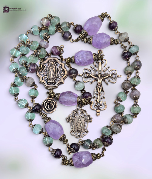 Our Lady Guadalupe Miraculous Mary Rose heritage bronze rosary light amethyst green purple fluorite by Bless And Heal Me