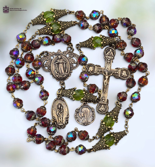 Miraculous Mary Our Lady Pillar Our Lady Lourdes Blessed Virgin Mary heritage bronze rosary colorful red burnt orange green Czech fire polished glass by Bless And Heal Me
