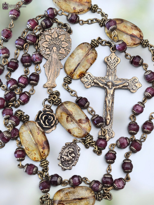 Radiant Miraculous Mary Mother Mary Rose heritage bronze rosary red garnet amber Czech glass by Bless And Heal Me