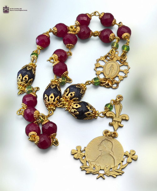 Joan of Arc Miraculous Mary Fleur de Lis matte 18k gold sterling silver vermeil 19 beads chaplet red ruby blue sapphire by Bless And Heal Me