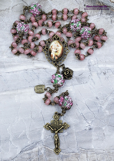 Mother Mary Jesus Pink Jade Flowers Lampwork Ornate Bronze Tone Rosary