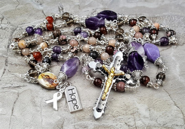 Breast Cancer St Agatha St Peregrine Hope Ribbon 5 Natural Gemstones Rosary