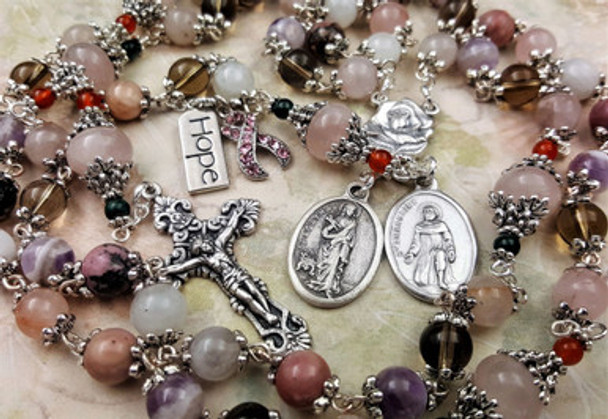 Breast Cancer St Agatha St Peregrine Hope Ribbon 8 Natural Gemstones Handcrafted Rosary