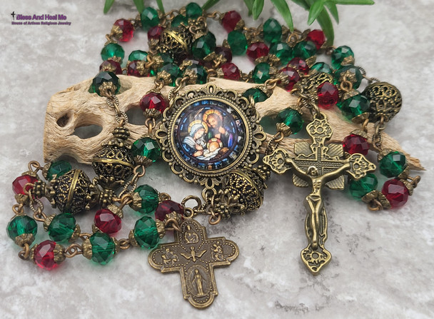 Christmas Holy Family Nativity Red Green Czech Glass Ornate Bronze tone Rosary