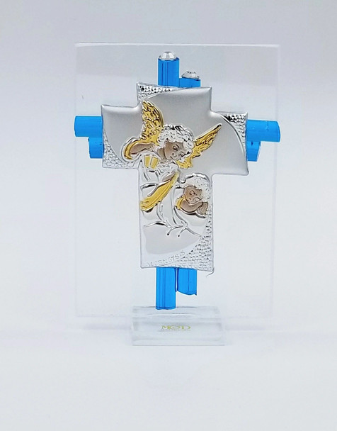 Angel Watching Over Baby/Child Murano Glass Cross Blue