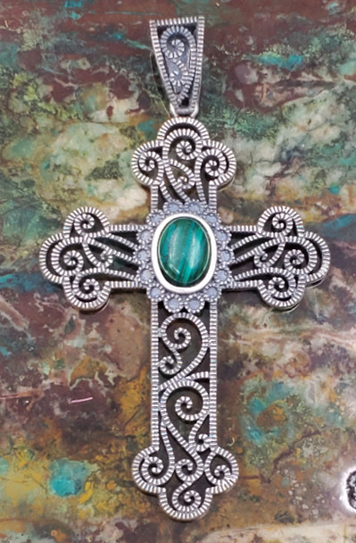 Malachite Filigree Sterling Silver Vintage Religious Cross Pendant Necklace Large