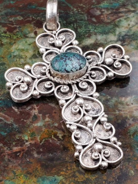 Bali Sterling Silver Serpentine Ornate Pebbled Scroll Vintage Cross Pendant Necklace Large
