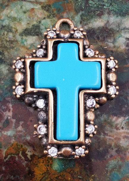 Turquoise Sterling Silver Bronze CZ Cross Pendant Necklace Medium