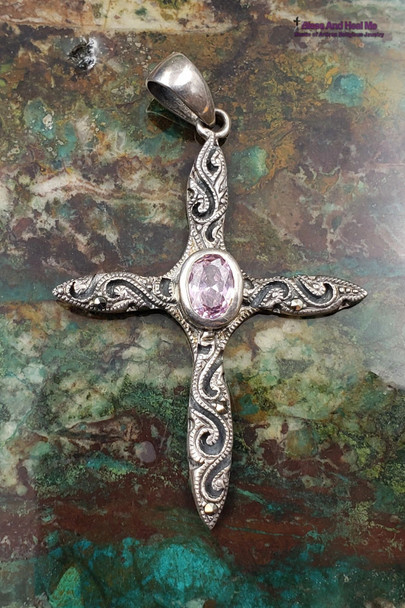 Sterling Silver Bali Style Ornate Scroll Blue Topaz or Pink Tourmaline Cross Necklace Pendant Large