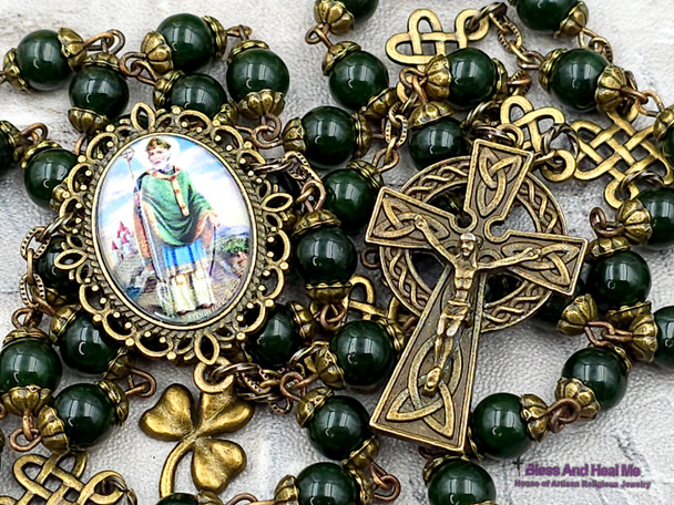 St Patrick Shamrock Irish Celtic Green Jade Bronze tone Rosary Longevity,Health, Happiness,Good luck, Prosperity