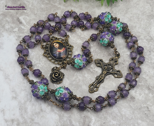 Blessed Virgin Mary Floral Lampwork Purple Jade Ornate Bronze Tone Rosary