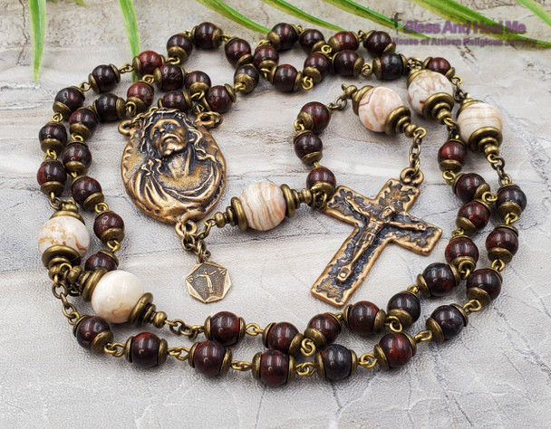 Ecce Homo Face of Jesus Lord of Miracles Red Jasper Mexican Crazy Agate Bronze Mens Rosary joy protection stress