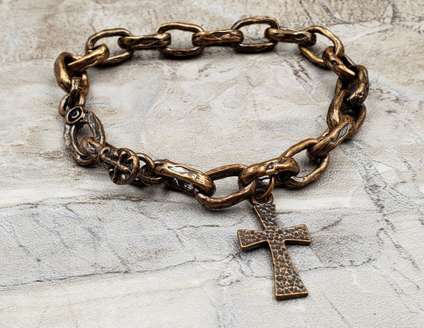 Mens Chunky Solid Bronze Heathy Links Cross Faith Artisan Bracelet with Jude Michael Joseph Raphael Saint of your choice.