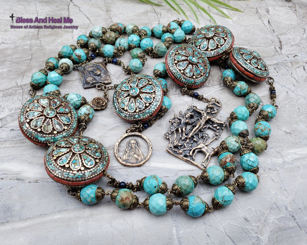 Mother Mary Lamb of God Angel Sacred Heart Turquoise Red Coral Bronze Ornate Heirloom Large Wall Rosary Protection Stress