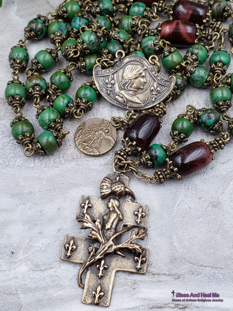 Joan of Arc Michael Green Turquoise Red Tiger Eye Bronze Antique Style Rosary Danger Injuries Protection Prosperity