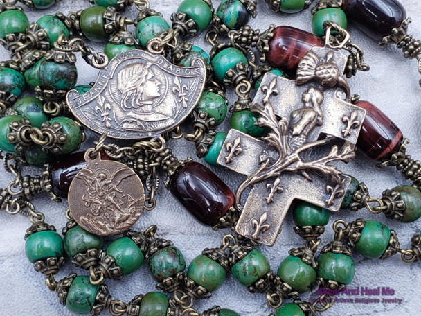 Joan of Arc Michael Green Turquoise Red Tiger Eye Bronze Antique Style Rosary Danger Injuries Protection Prosperity