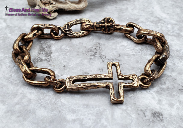 Mens Chunky Solid Bronze Links Cross Faith Artisan Catholic Christian Bracelet