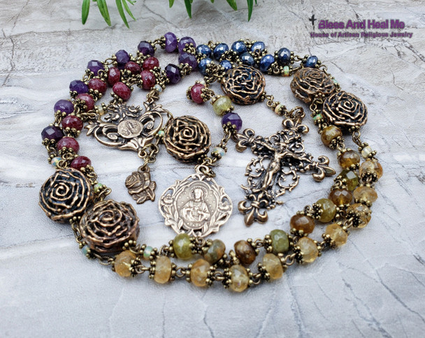 Lourdes Sacred Heart of Jesus Roses Natural Ruby Sapphire Welo Opal Citrine Amethyst Green Garnet Ornate Antique style Bronze Rosary