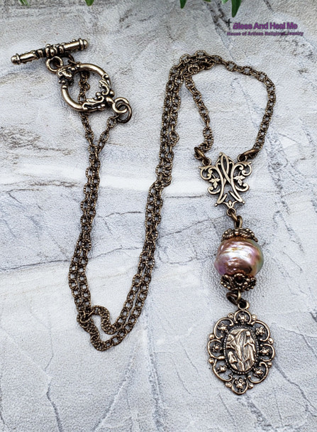 Lourdes Ave Maria Baroque Pearl Solid Bronze Antique Style Catholic Necklace Pendant Joy Love Hope Loyalty Protection Prosperity